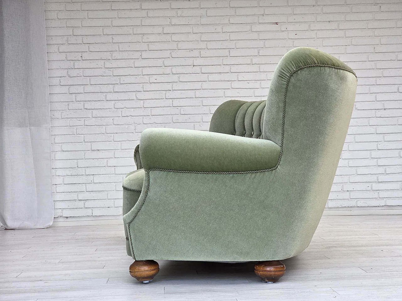 Danish 3-seater curved sofa velour, beech wood legs, 1970s 15