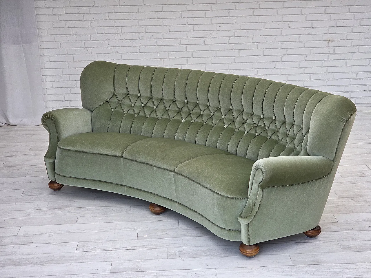 Danish 3-seater curved sofa velour, beech wood legs, 1970s 16