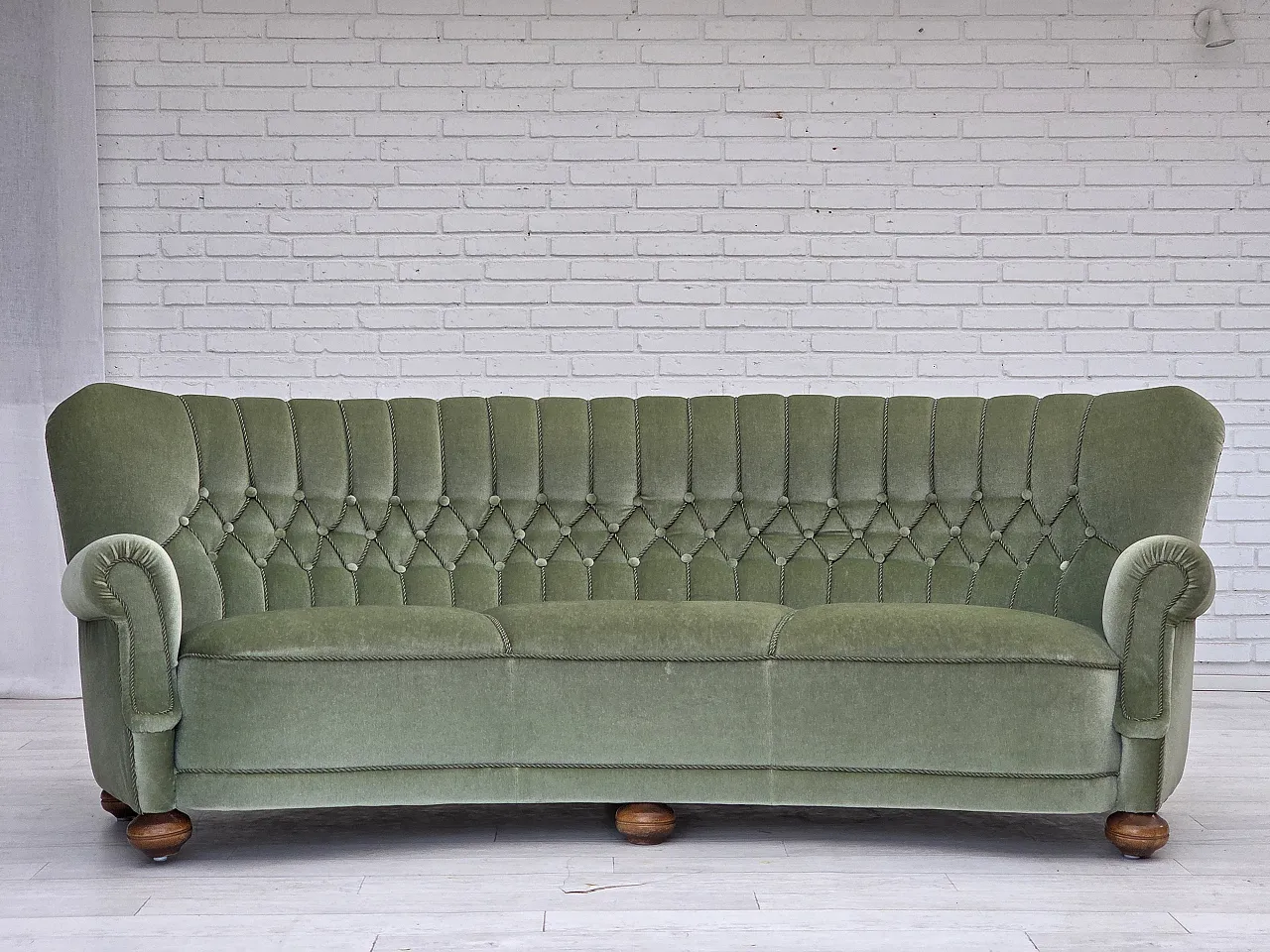 Danish 3-seater curved sofa velour, beech wood legs, 1970s 20