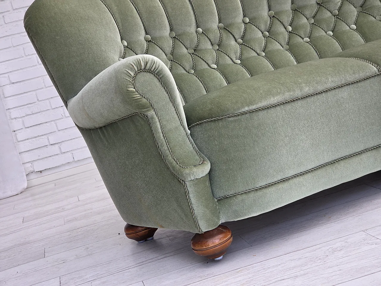 Danish 3-seater curved sofa velour, beech wood legs, 1970s 21