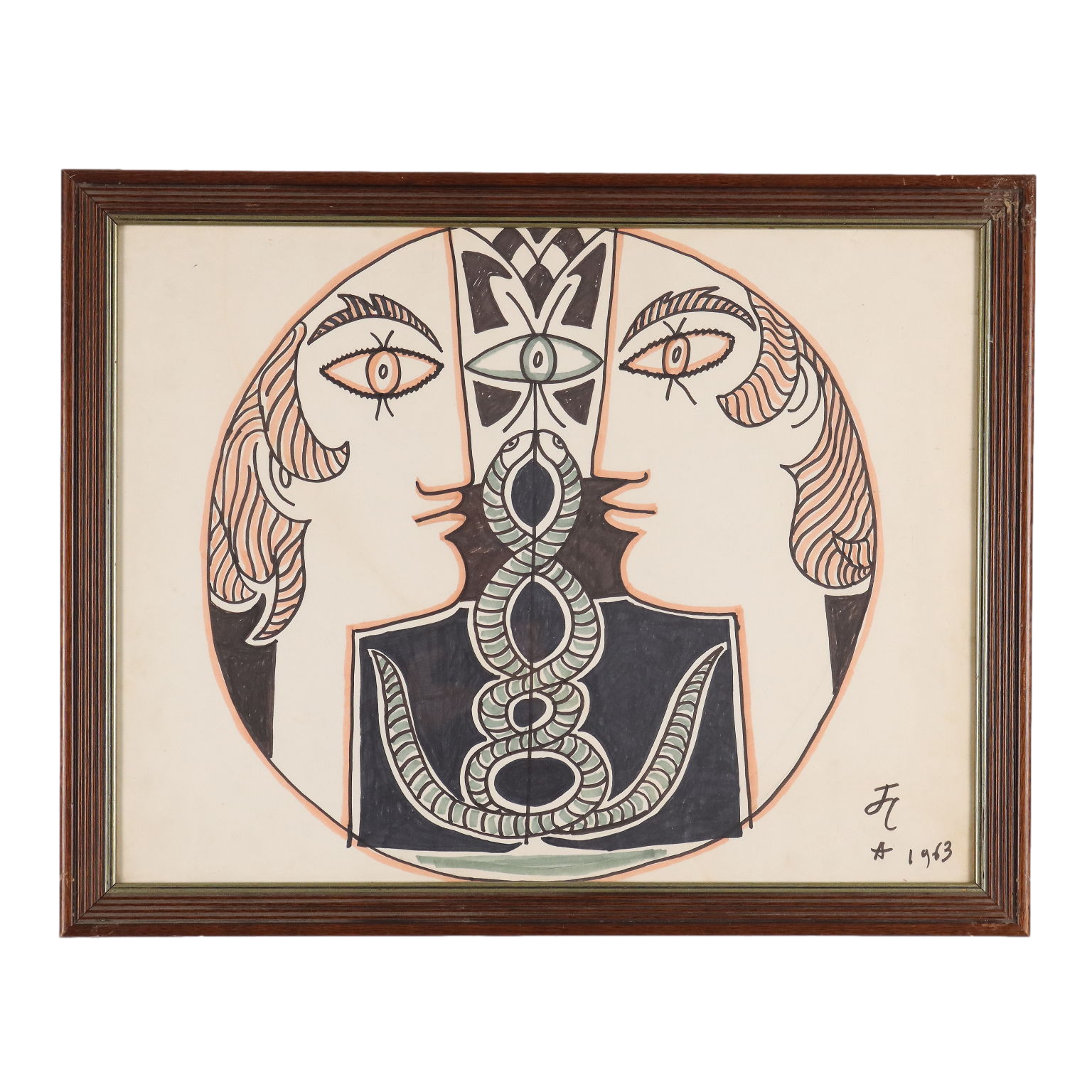 Jean Cocteau, Vis à Vis, mixed media drawing signed, 1963 | intOndo