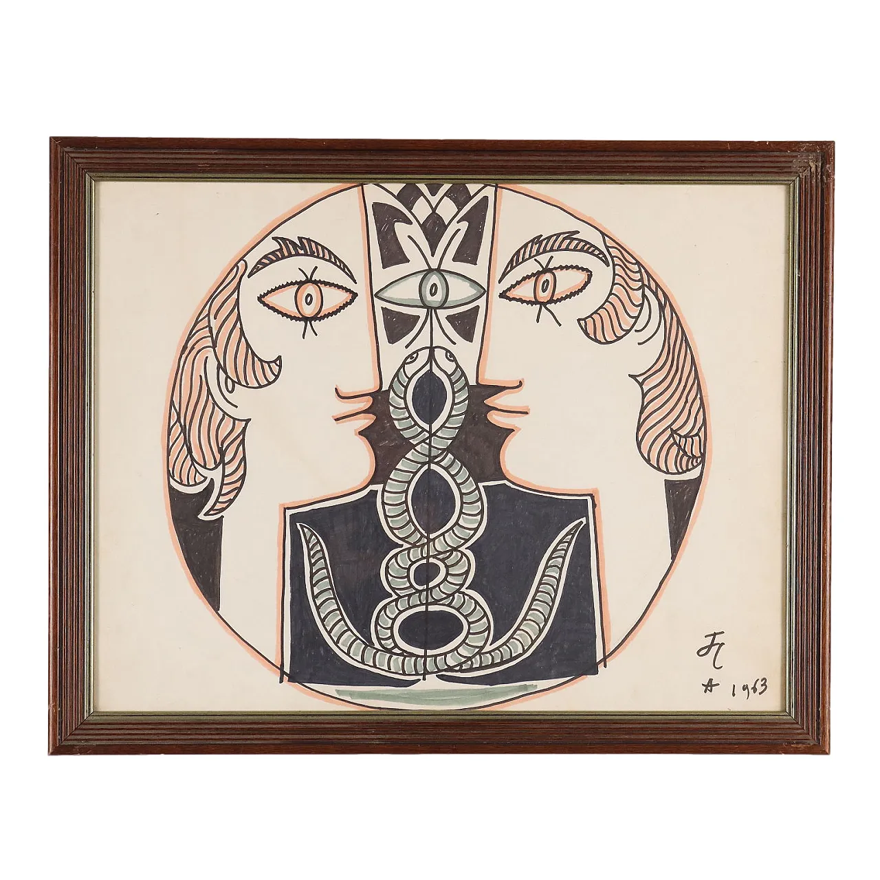 Jean Cocteau, Vis à Vis, mixed media drawing signed, 1963 1