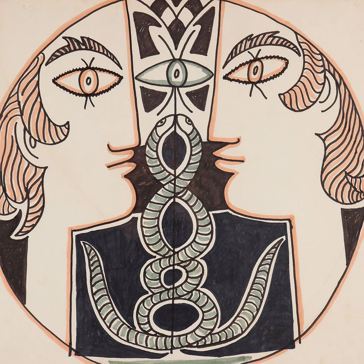 Jean Cocteau, Vis à Vis, mixed media drawing signed, 1963 3