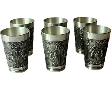 6 high heavy pewter cups with traditional engraving, 70s