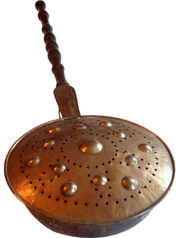 Copper and brass bed warmer with wooden handle, 1910s