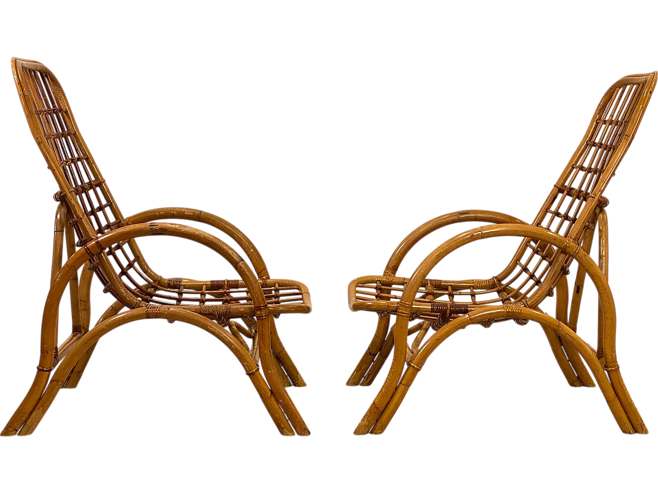 Coppia di poltrone in giunco e bambù, anni '70 14