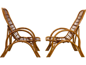 Pair of armchairs in rush and bamboo, 70s