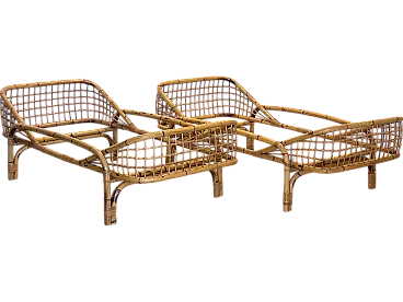 Pair of beds in rush and bamboo, 70s
