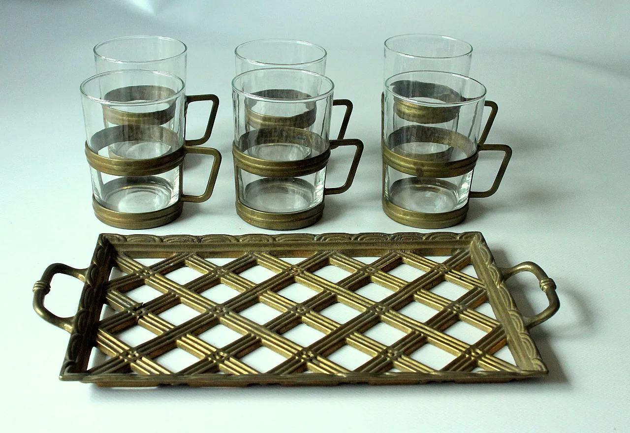 6 Brass and glass tea cups on a brass tray, 90s 4