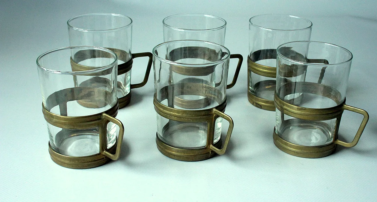 6 Brass and glass tea cups on a brass tray, 90s 7