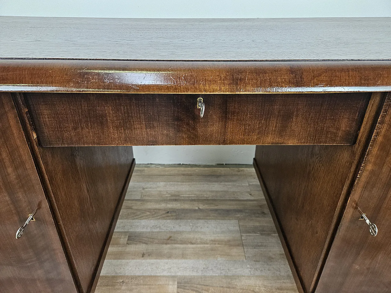Open desk Art Decò in oak with drawers, 1930 13