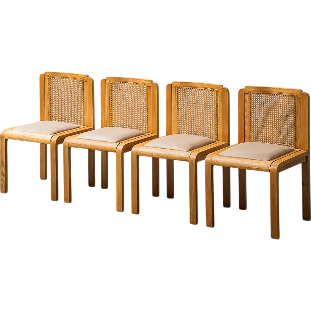 Set 4 wooden chairs, Vienna and velvet straw, 70s 13
