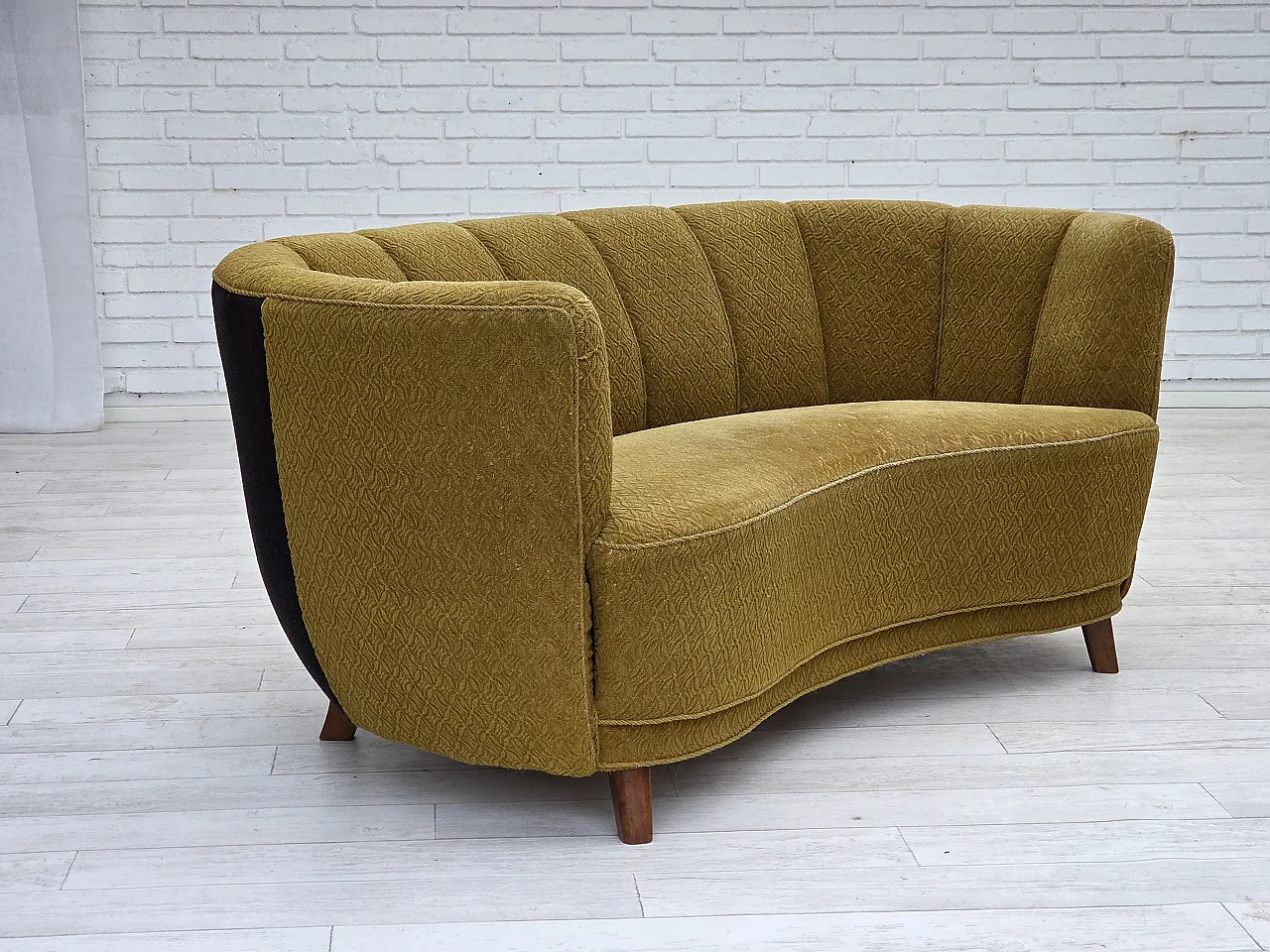 Danish 2 seater "Banan" sofa, green wool, ash wood, 1960s 1