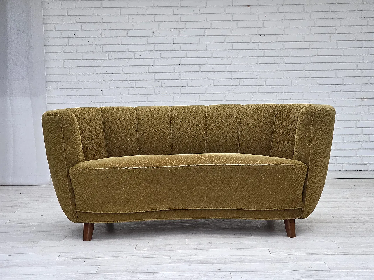 Danish 2 seater "Banan" sofa, green wool, ash wood, 1960s 2