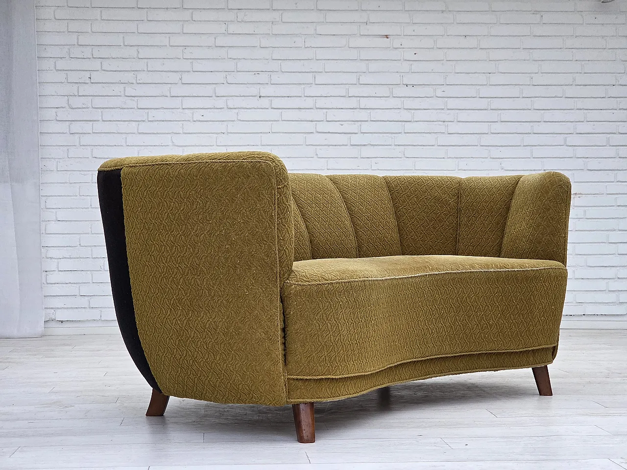 Danish 2 seater "Banan" sofa, green wool, ash wood, 1960s 5