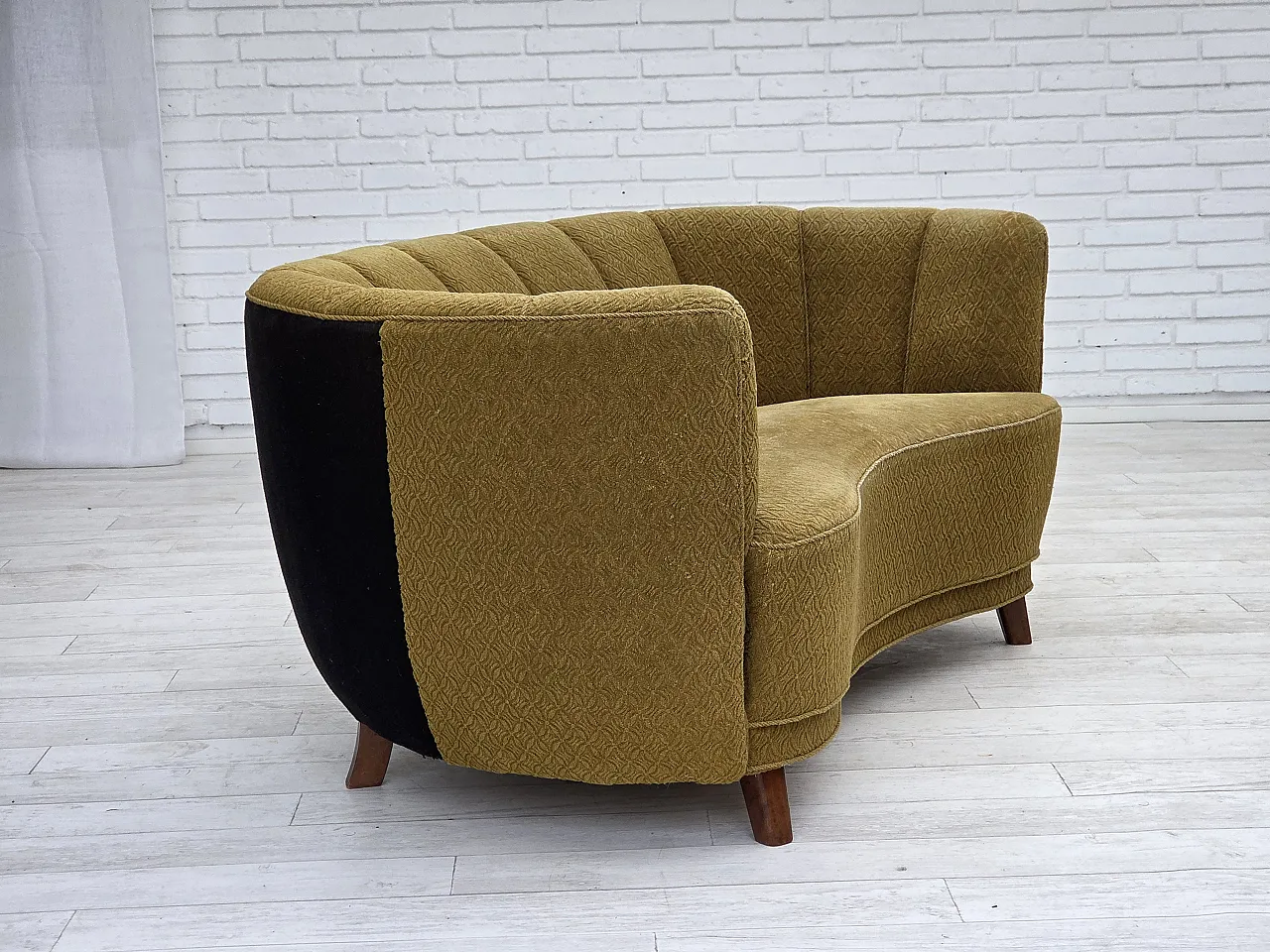 Danish 2 seater "Banan" sofa, green wool, ash wood, 1960s 6
