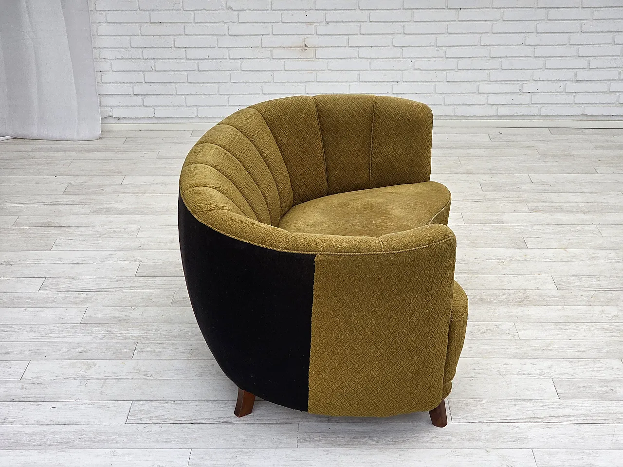 Danish 2 seater "Banan" sofa, green wool, ash wood, 1960s 10