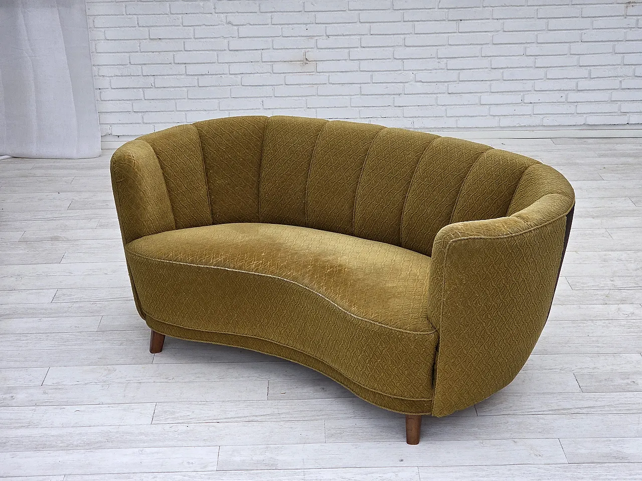 Danish 2 seater "Banan" sofa, green wool, ash wood, 1960s 17