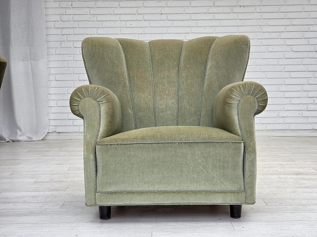 Danish relax armchair, light green velour, 1970s 1