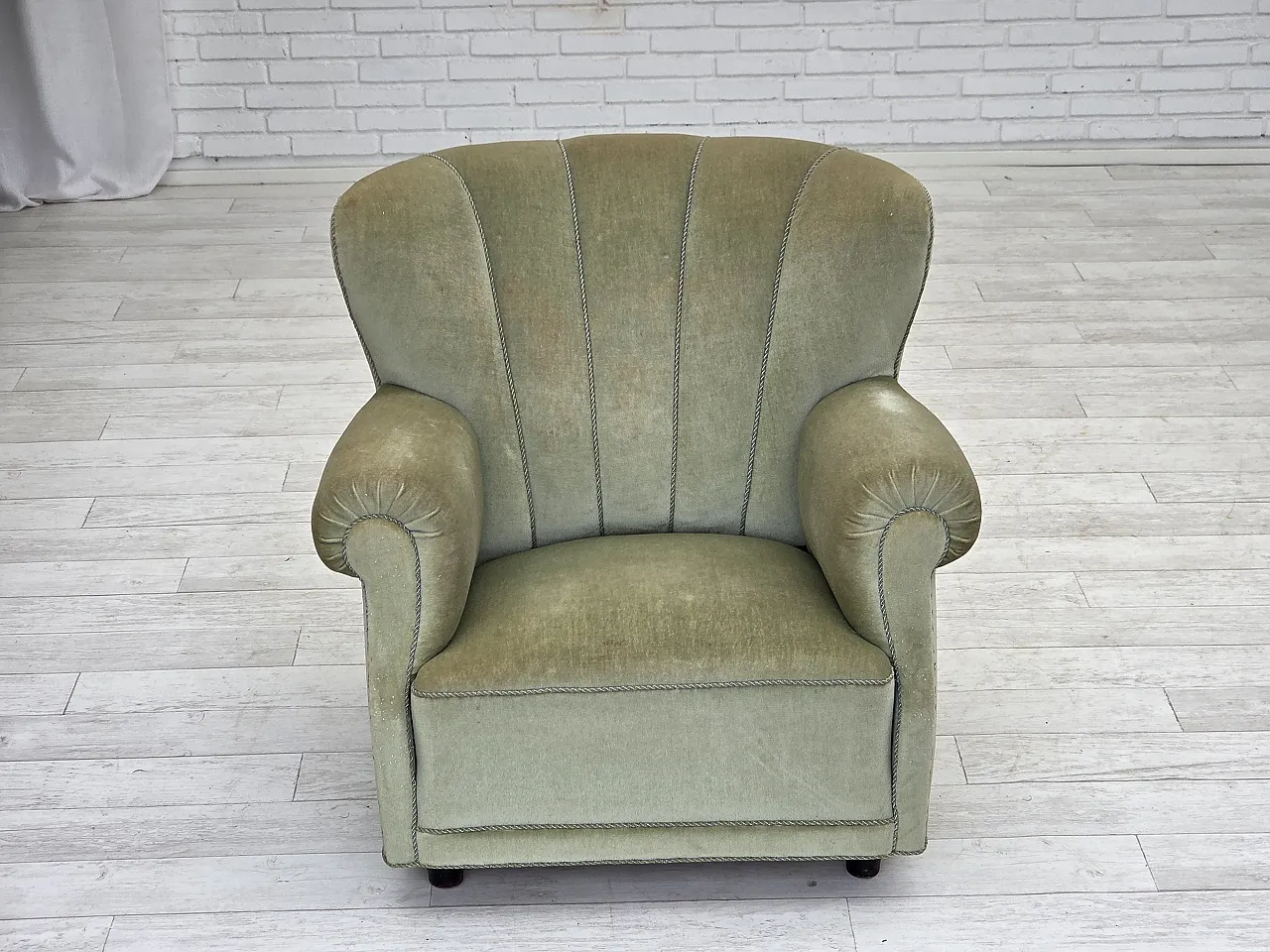Danish relax armchair, light green velour, 1970s 8