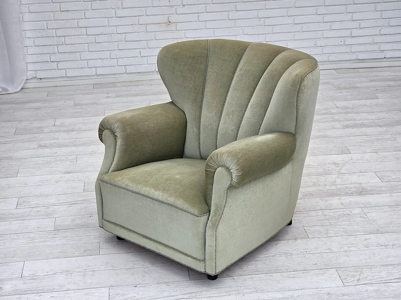 Danish relax armchair, light green velour, 1970s 17