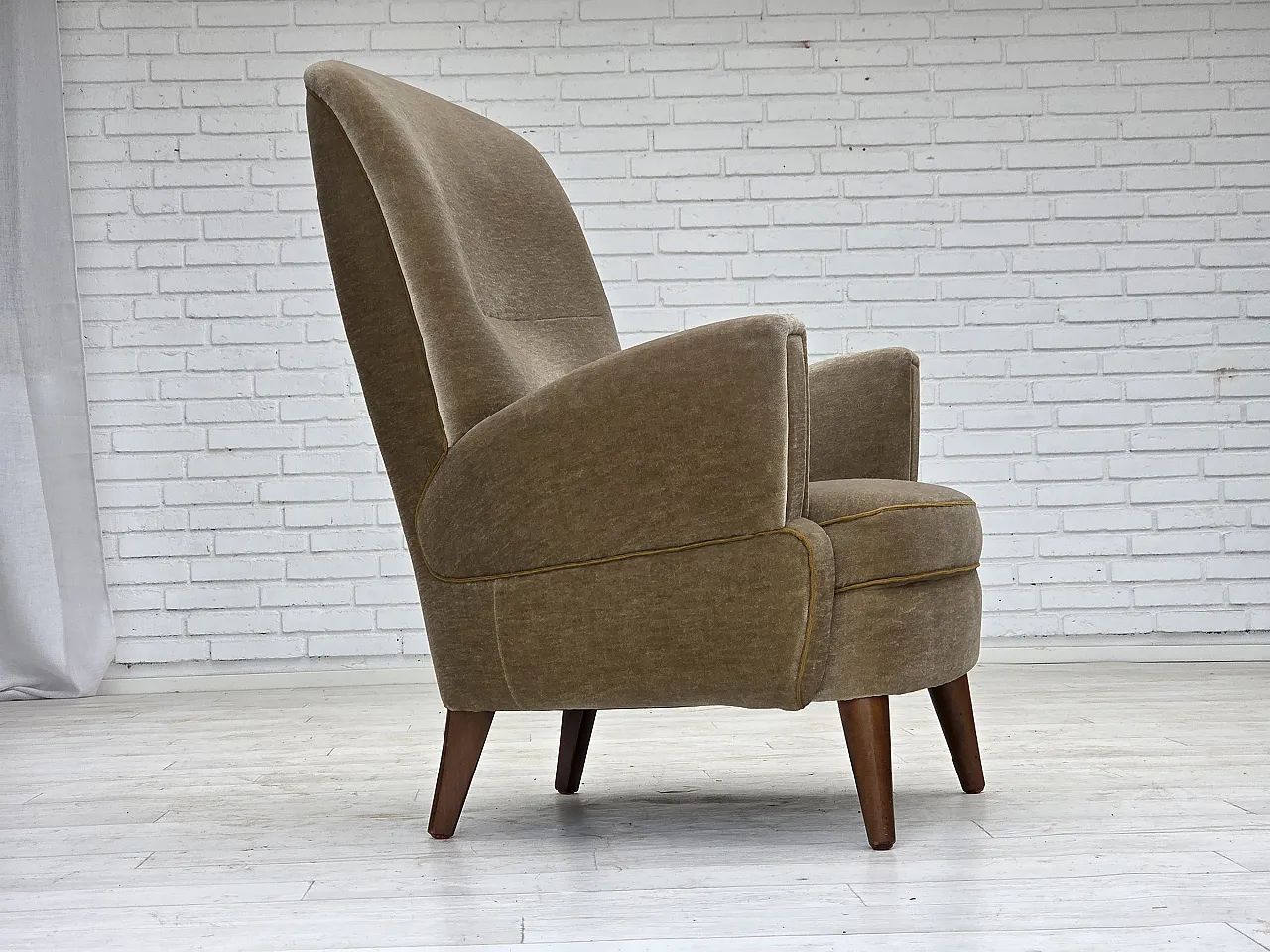 Danish armchair, green velour, beech wood legs, 1970s 1