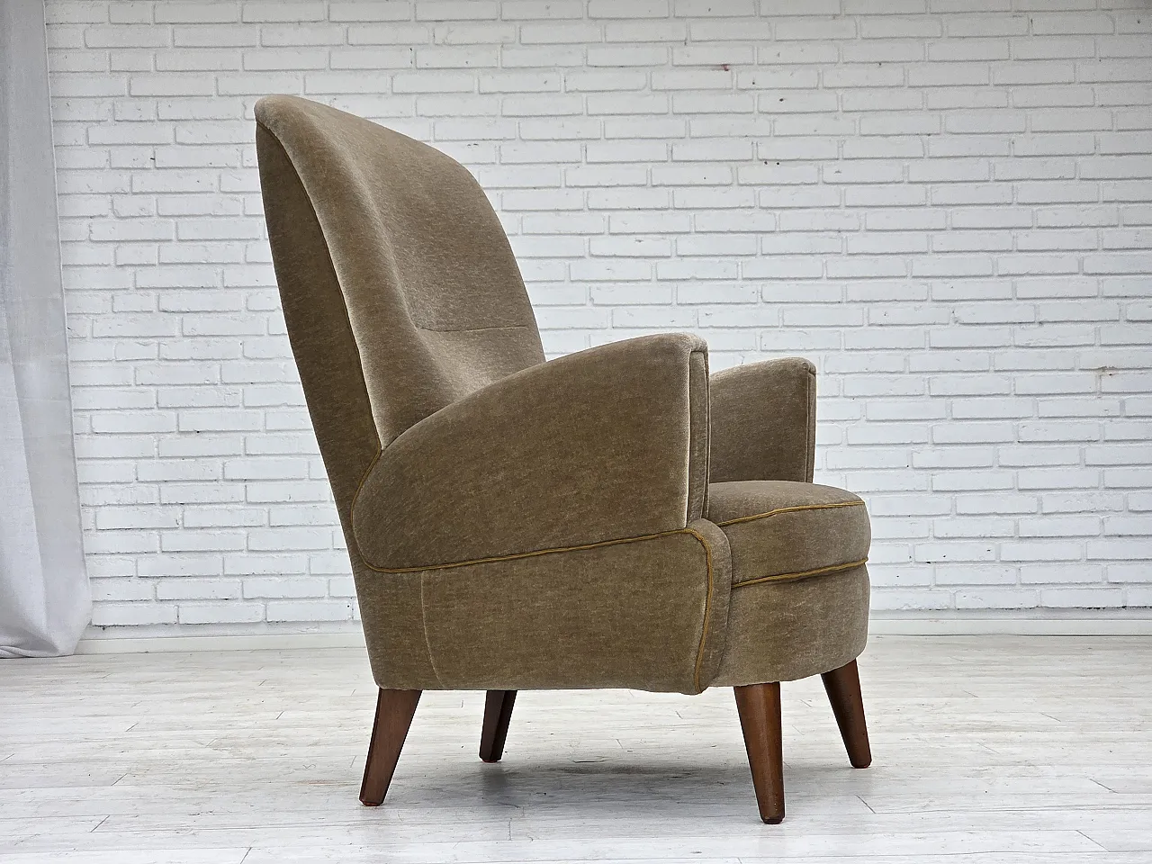 Danish armchair, green velour, beech wood legs, 1970s 2