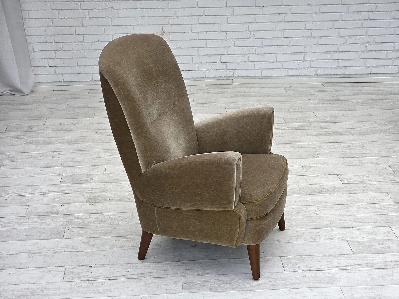 Danish armchair, green velour, beech wood legs, 1970s 3