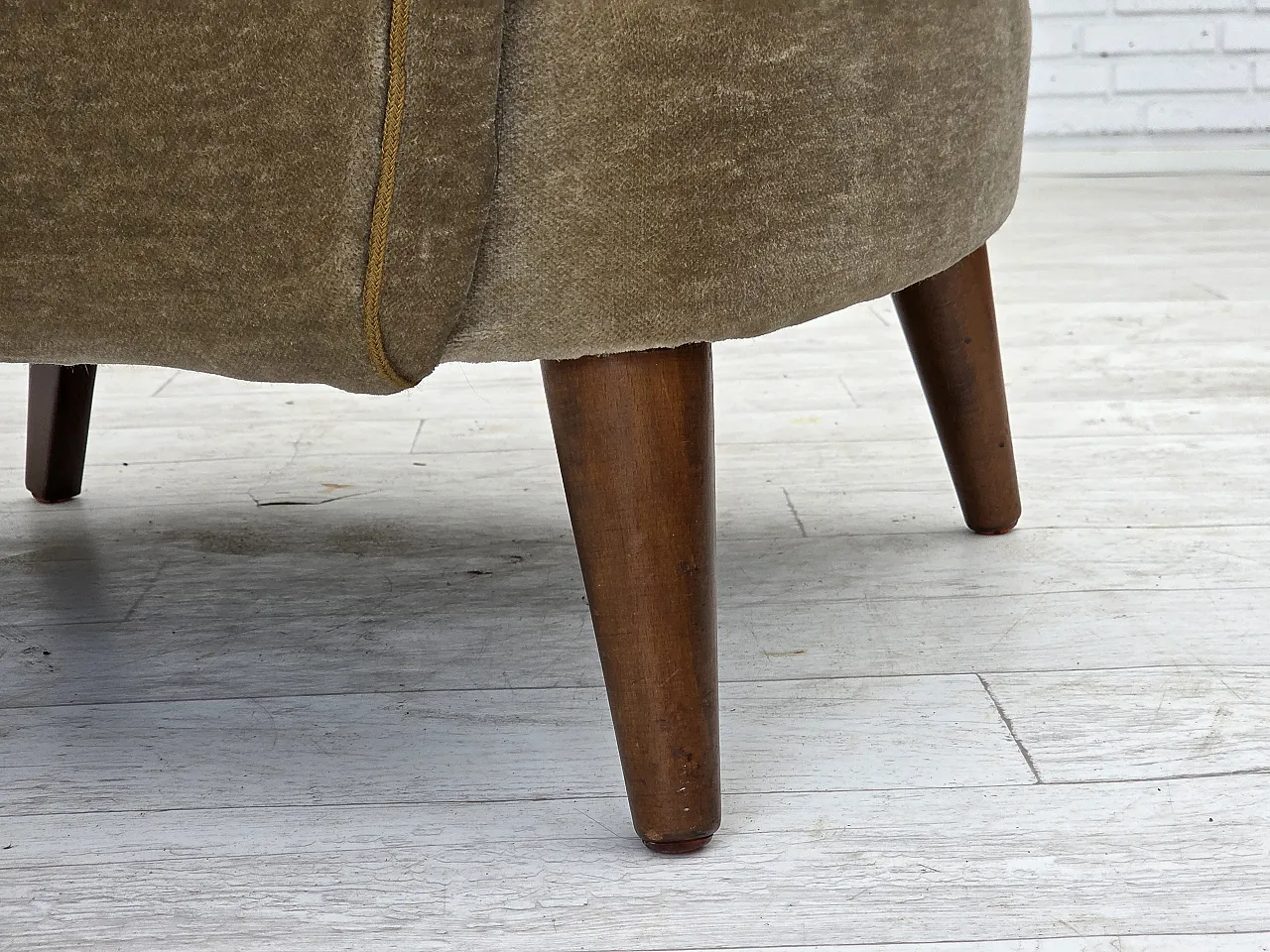 Danish armchair, green velour, beech wood legs, 1970s 4