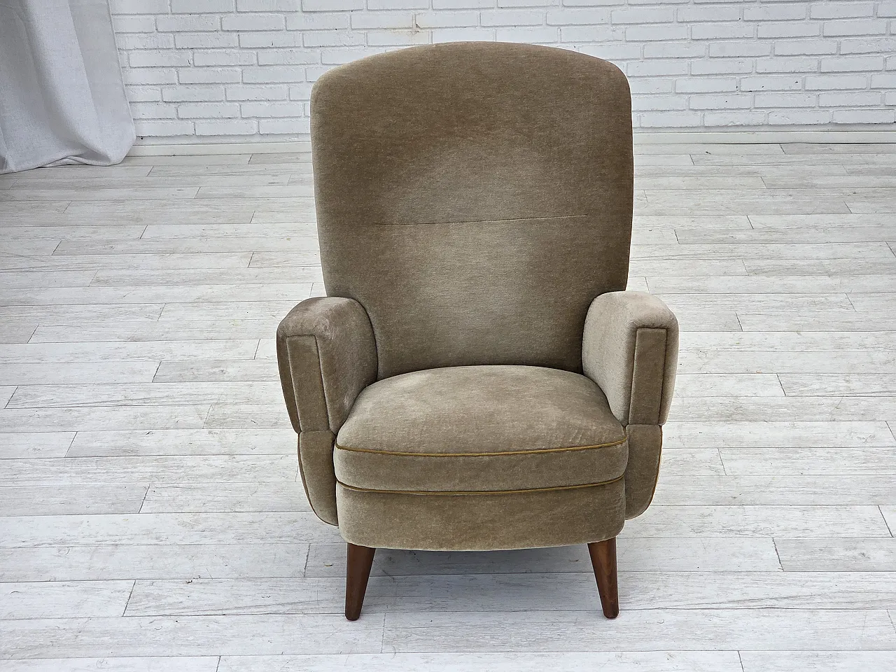 Danish armchair, green velour, beech wood legs, 1970s 8