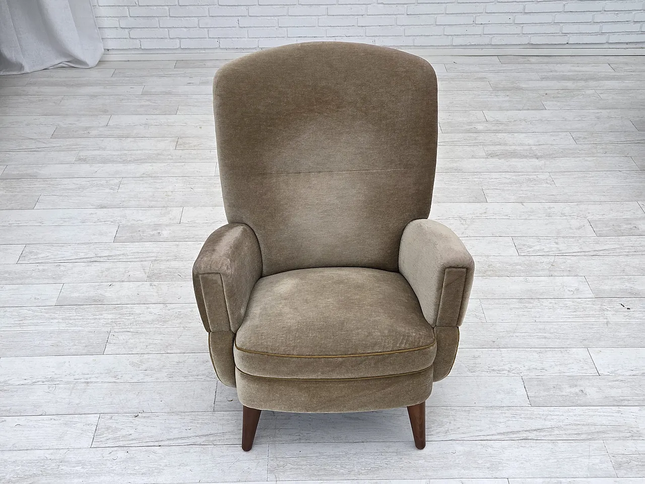 Danish armchair, green velour, beech wood legs, 1970s 9