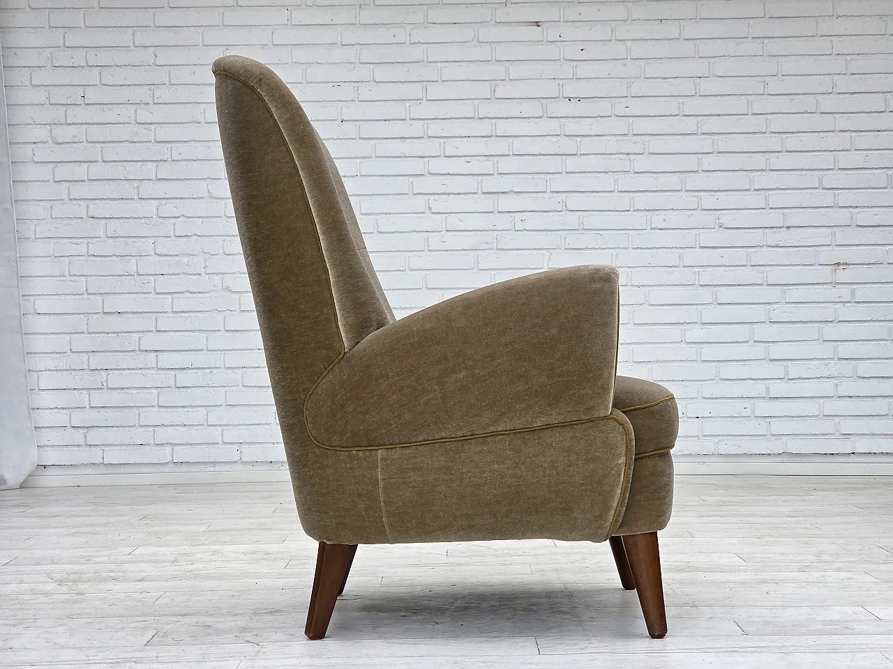 Danish armchair, green velour, beech wood legs, 1970s 10