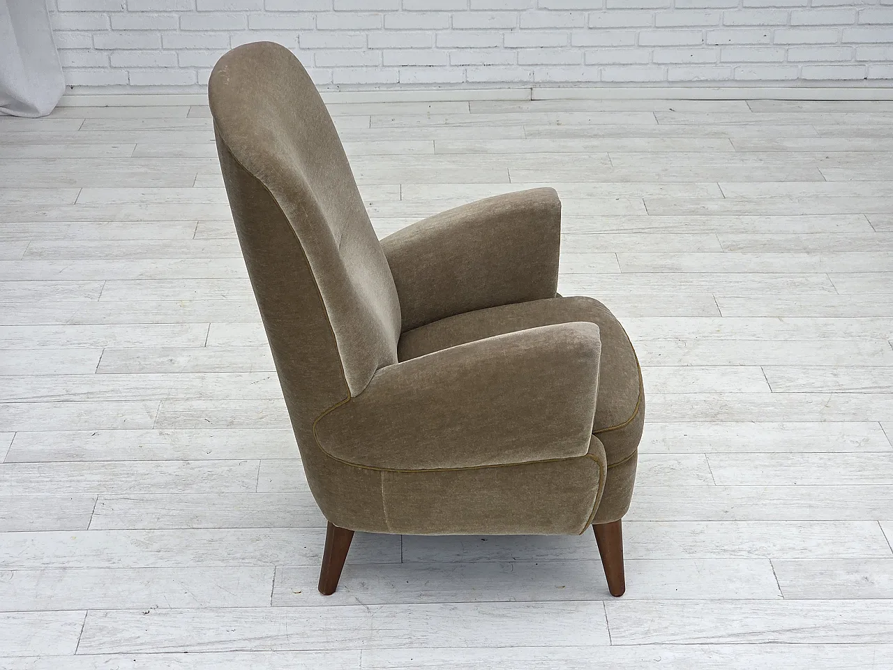 Danish armchair, green velour, beech wood legs, 1970s 11