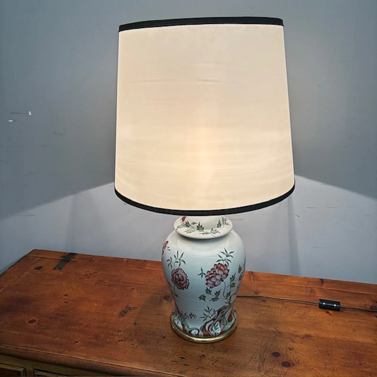 Lampada porcellana Francese dipinta a fiori, anni '40 7