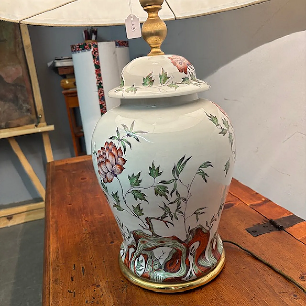 Lampada porcellana Francese dipinta a fiori, anni '40 11