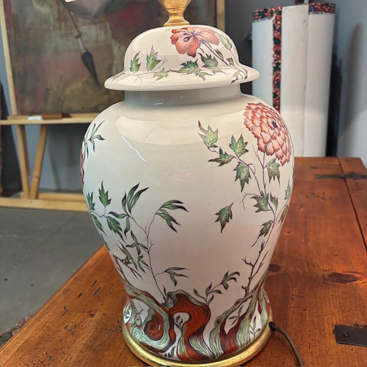 Lampada porcellana Francese dipinta a fiori, anni '40 12