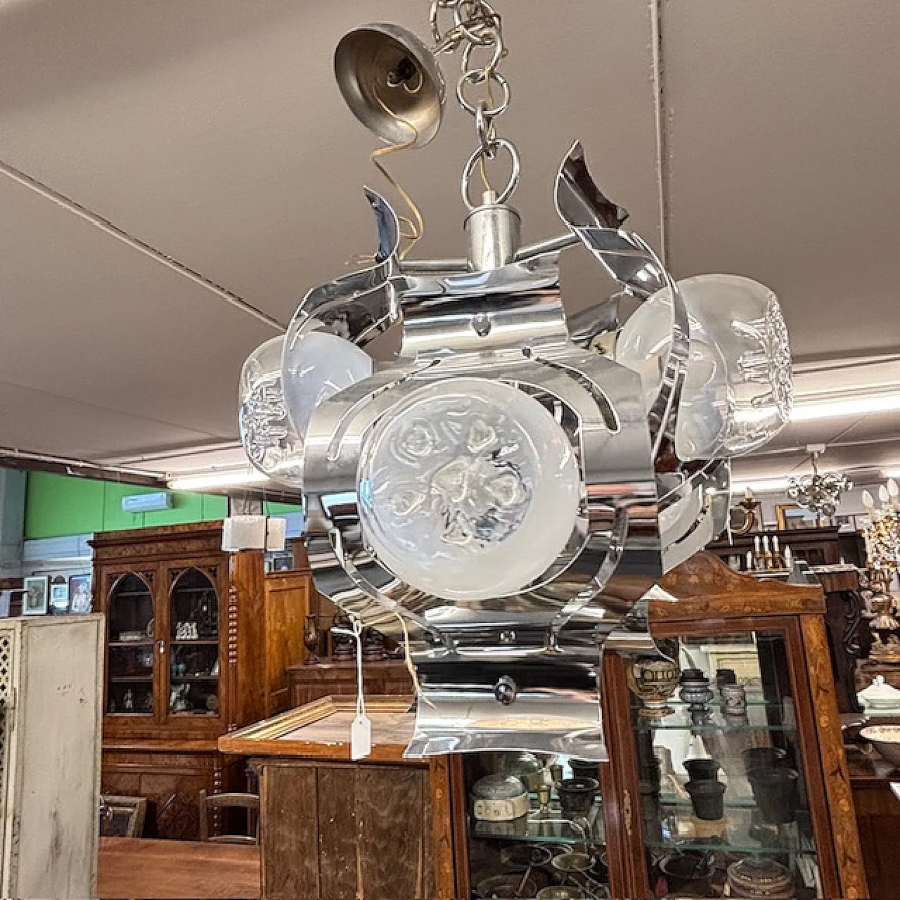 Chandelier Mazzega glass and steel six lights, 70s 1