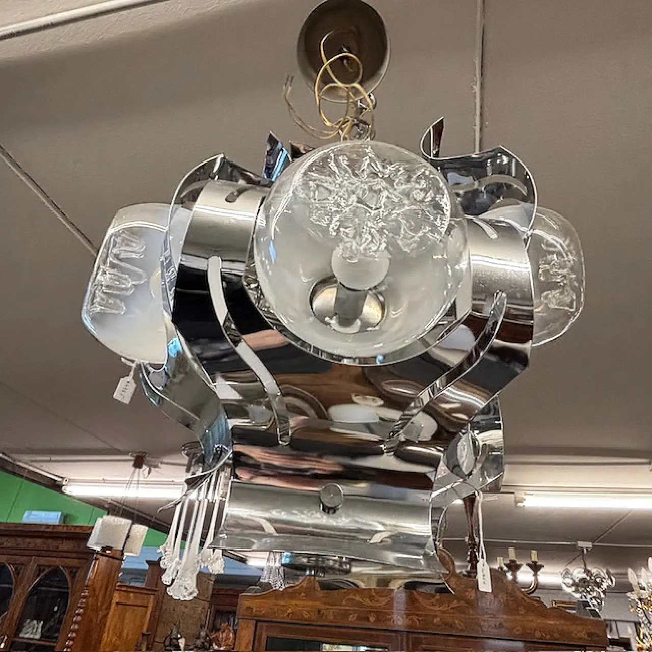 Chandelier Mazzega glass and steel six lights, 70s 3