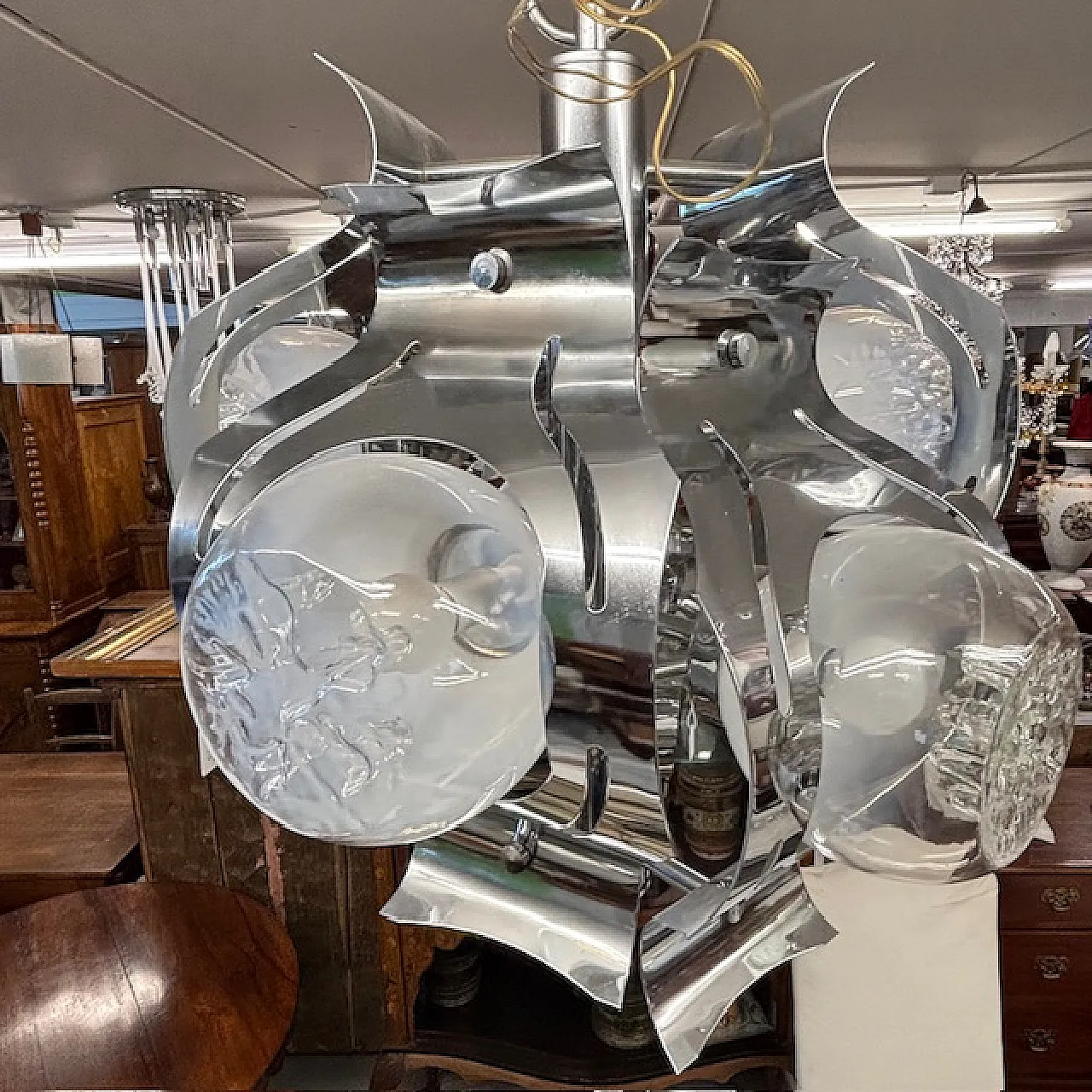 Chandelier Mazzega glass and steel six lights, 70s 4