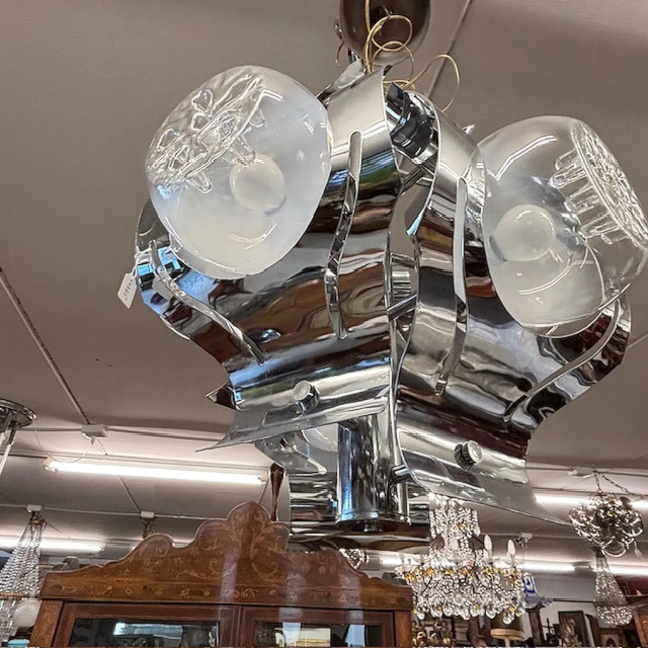 Chandelier Mazzega glass and steel six lights, 70s 5