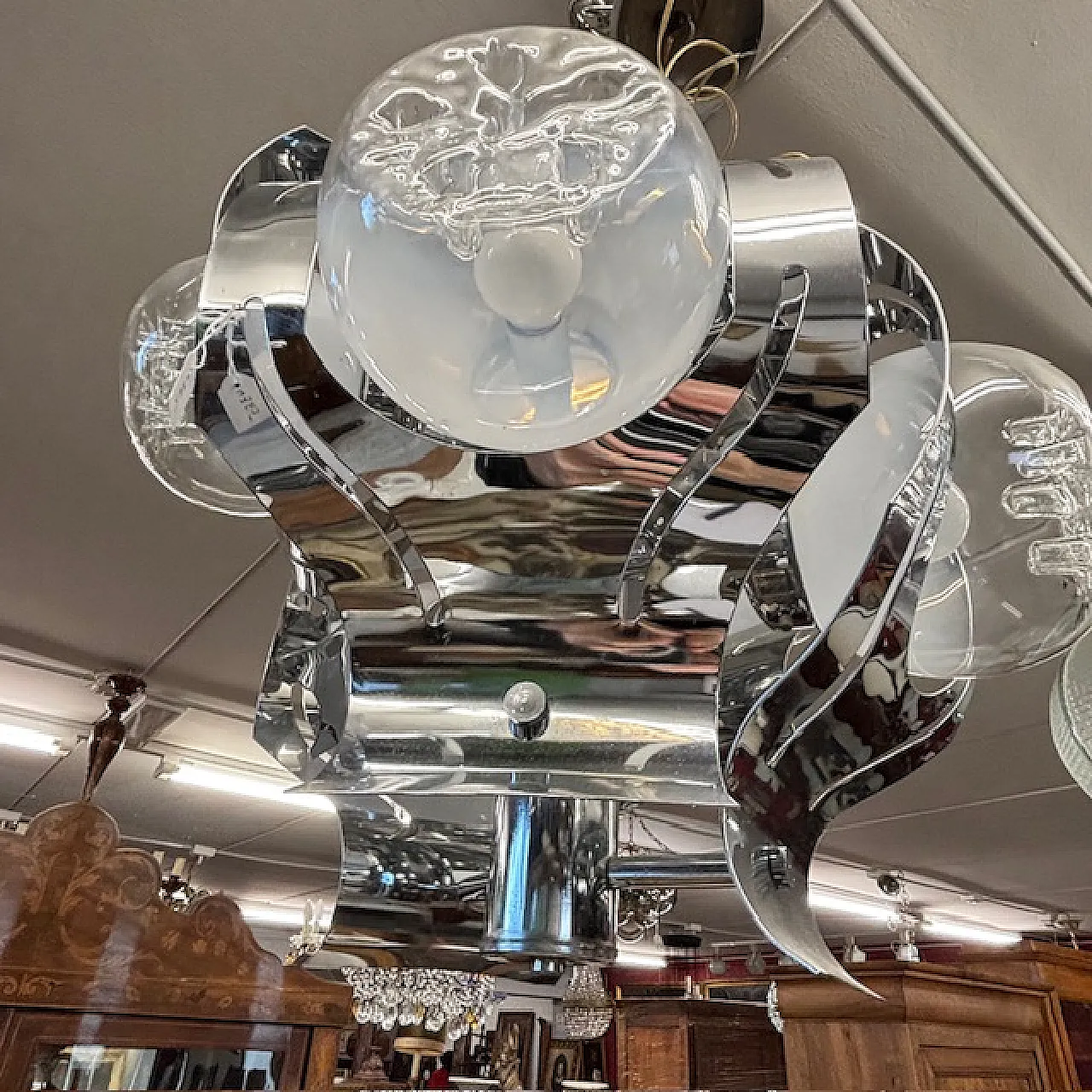 Chandelier Mazzega glass and steel six lights, 70s 6