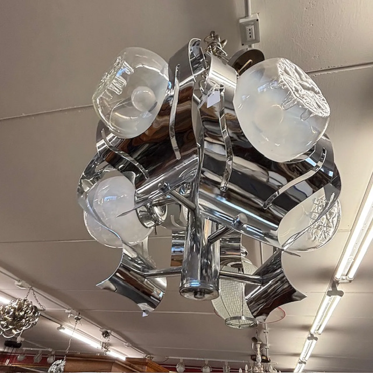 Chandelier Mazzega glass and steel six lights, 70s 8