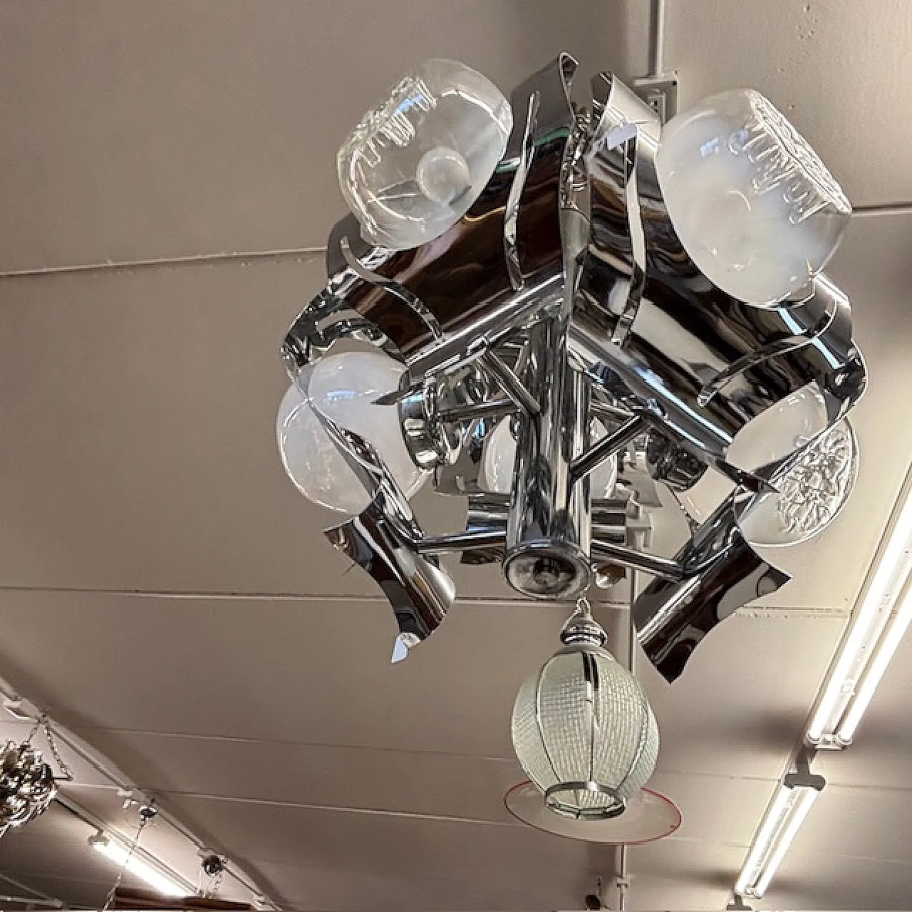 Chandelier Mazzega glass and steel six lights, 70s 9