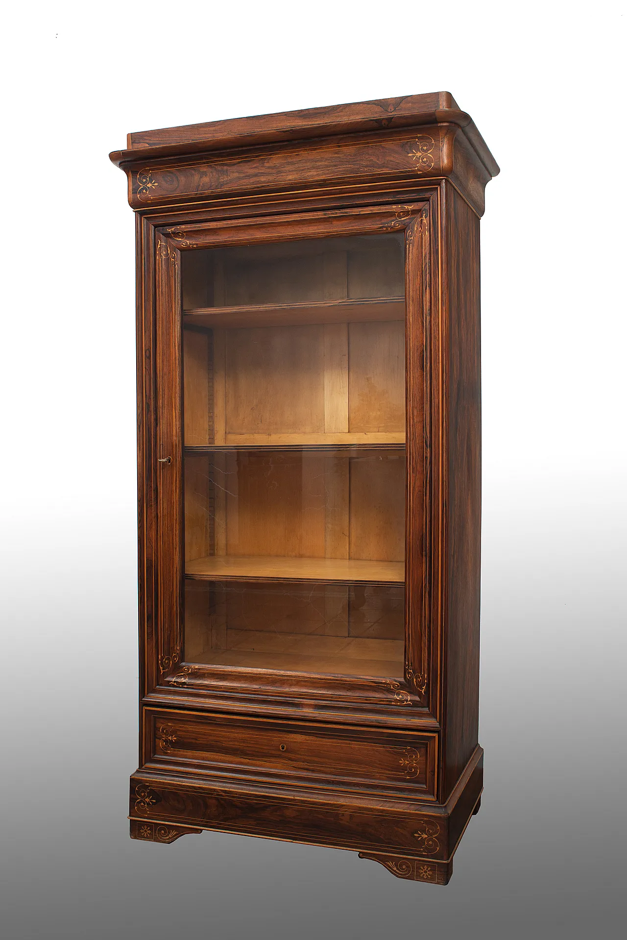 French showcase in precious exotic woods, 19th century 1