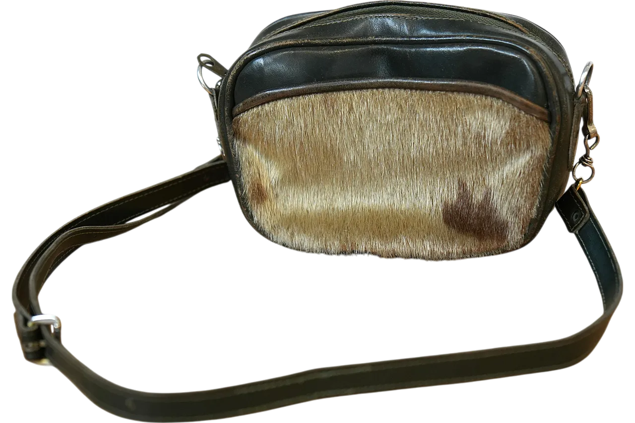 Black Leather Crossbody Bag with Fur Detail, 70s 4