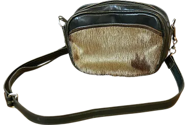 Black Leather Crossbody Bag with Fur Detail, 70s