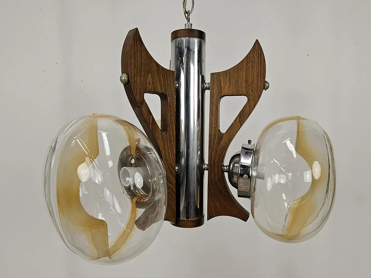 Metal wood chandelier with three glass ceiling lights, 70s 1