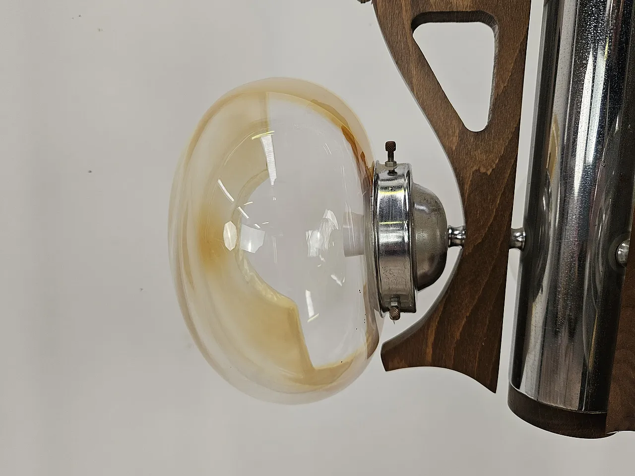 Metal wood chandelier with three glass ceiling lights, 70s 2