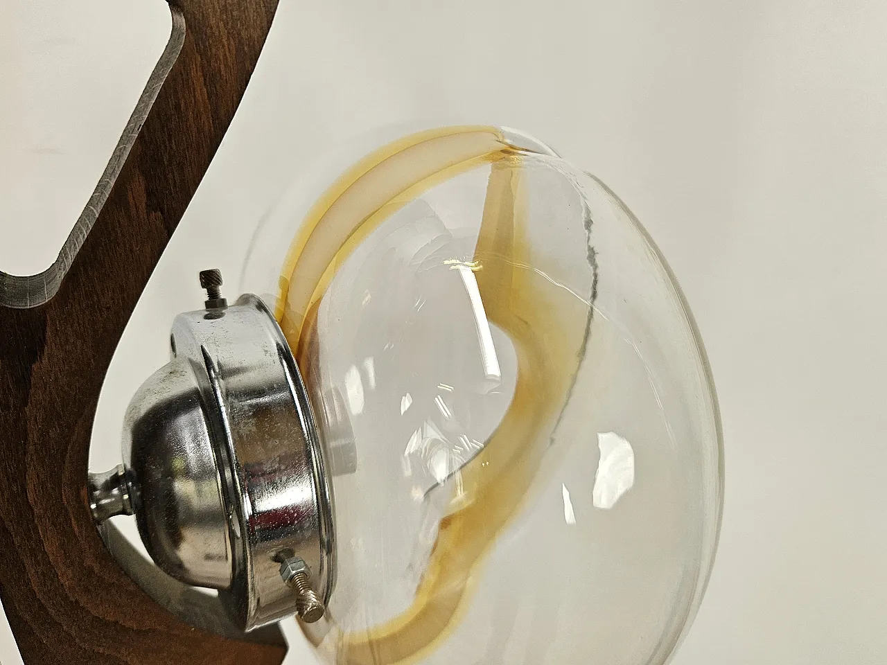 Metal wood chandelier with three glass ceiling lights, 70s 3