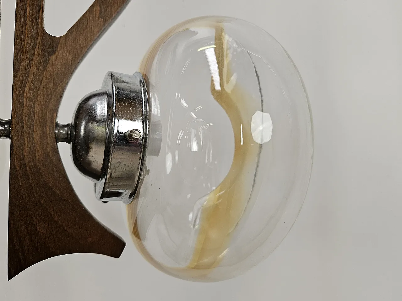 Metal wood chandelier with three glass ceiling lights, 70s 4